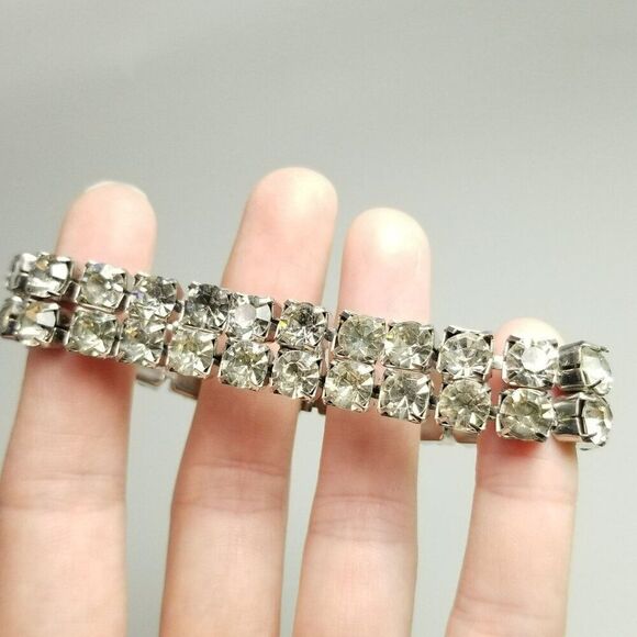 Vintage Rhinestone Two Row Bangle Bracelet, Silver Tone Prong Set, Retro Estate - Picture 5 of 6